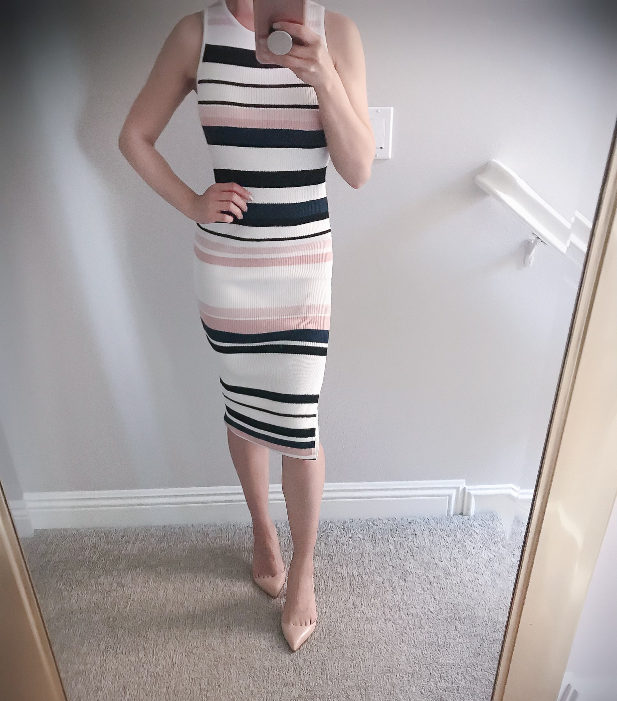 Striped body-con midi dress nude pumps spring outfit 