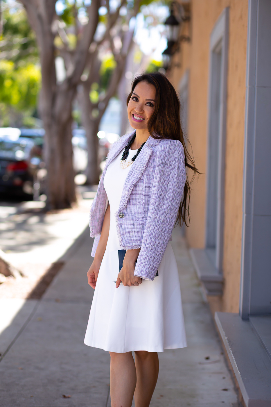 white fit and flare dress tweed blazer box clutch spring work outfit