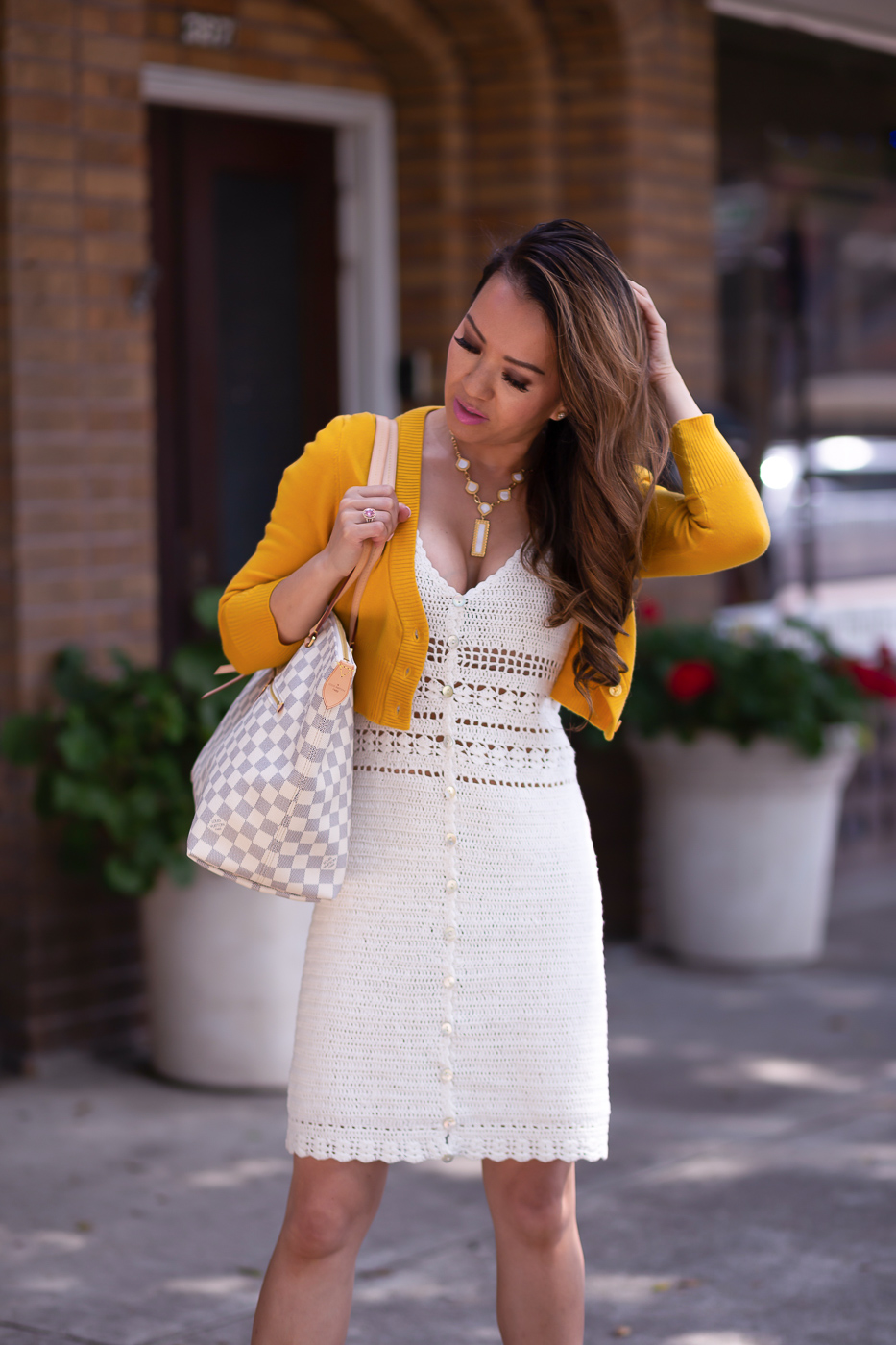 white sweater dress nude strappy sandals mustard cropped cardigan louis vuitton mm 