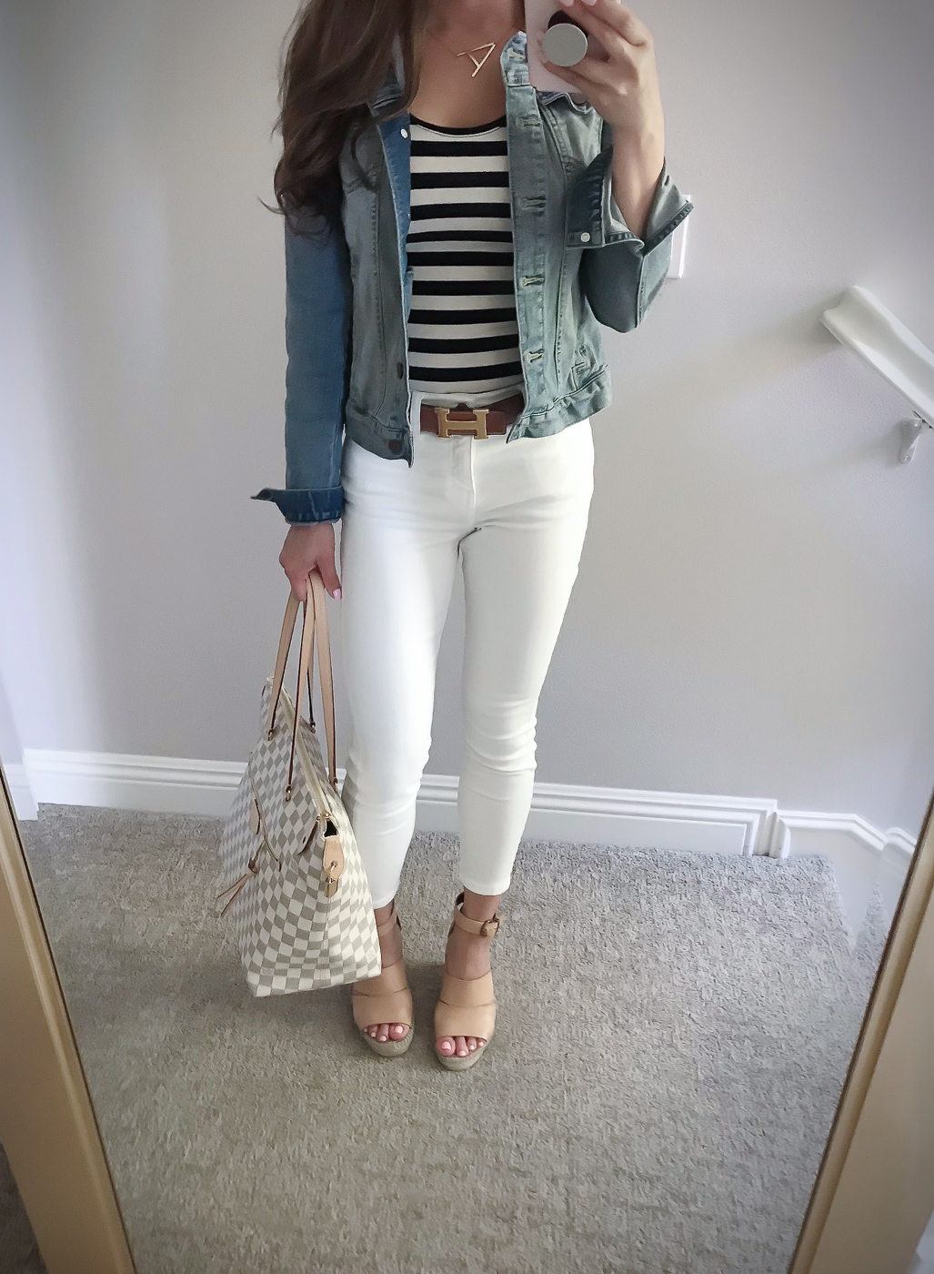 white jeans denim jacket striped tank 