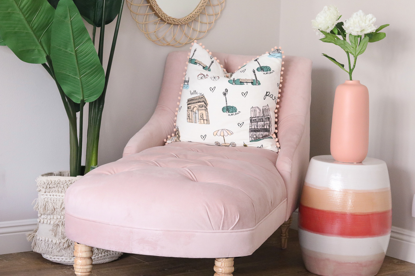pink tufted chaise lounge drew barrymore flower line