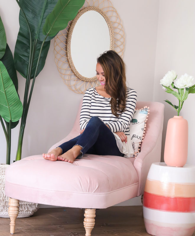 pink tufted chaise lounge drew barrymore flower line