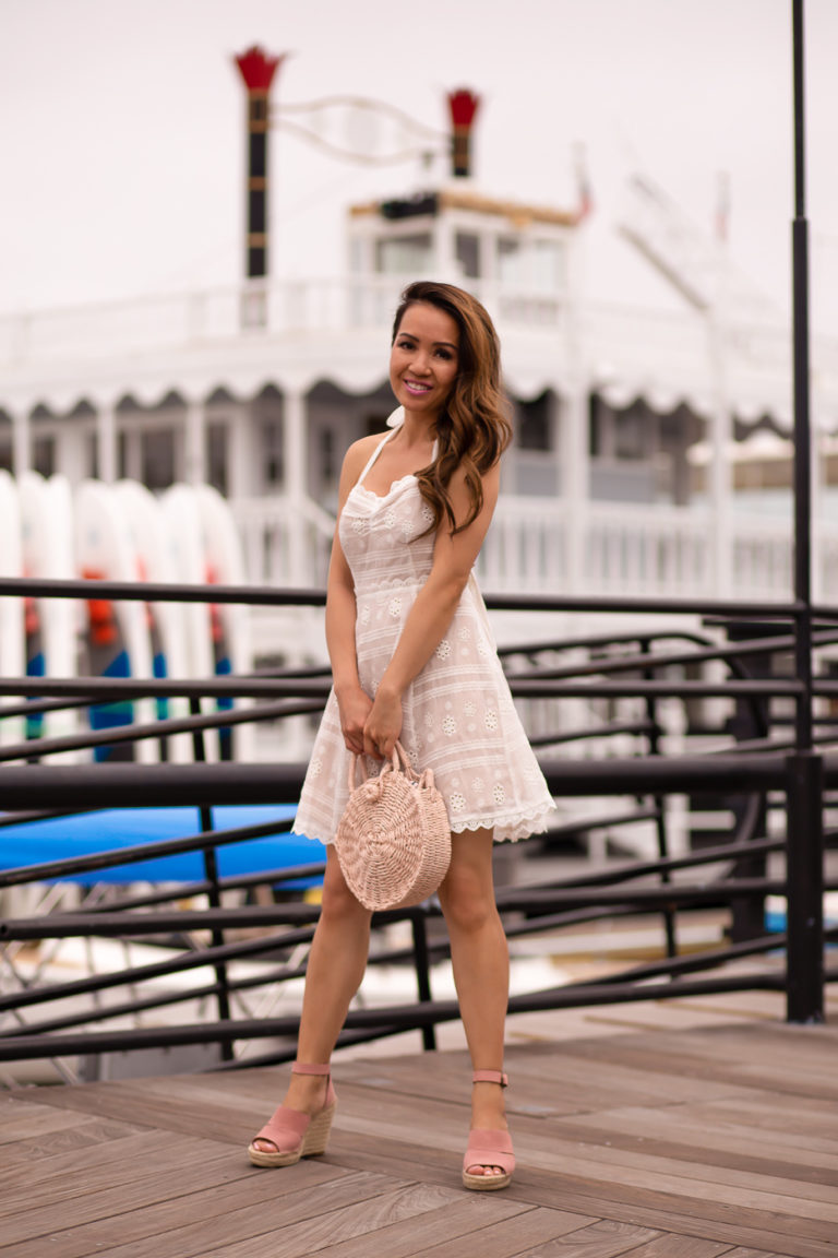 Summer Outfit: Eyelet Halter Dress + Blush Accents | Stylish Petite