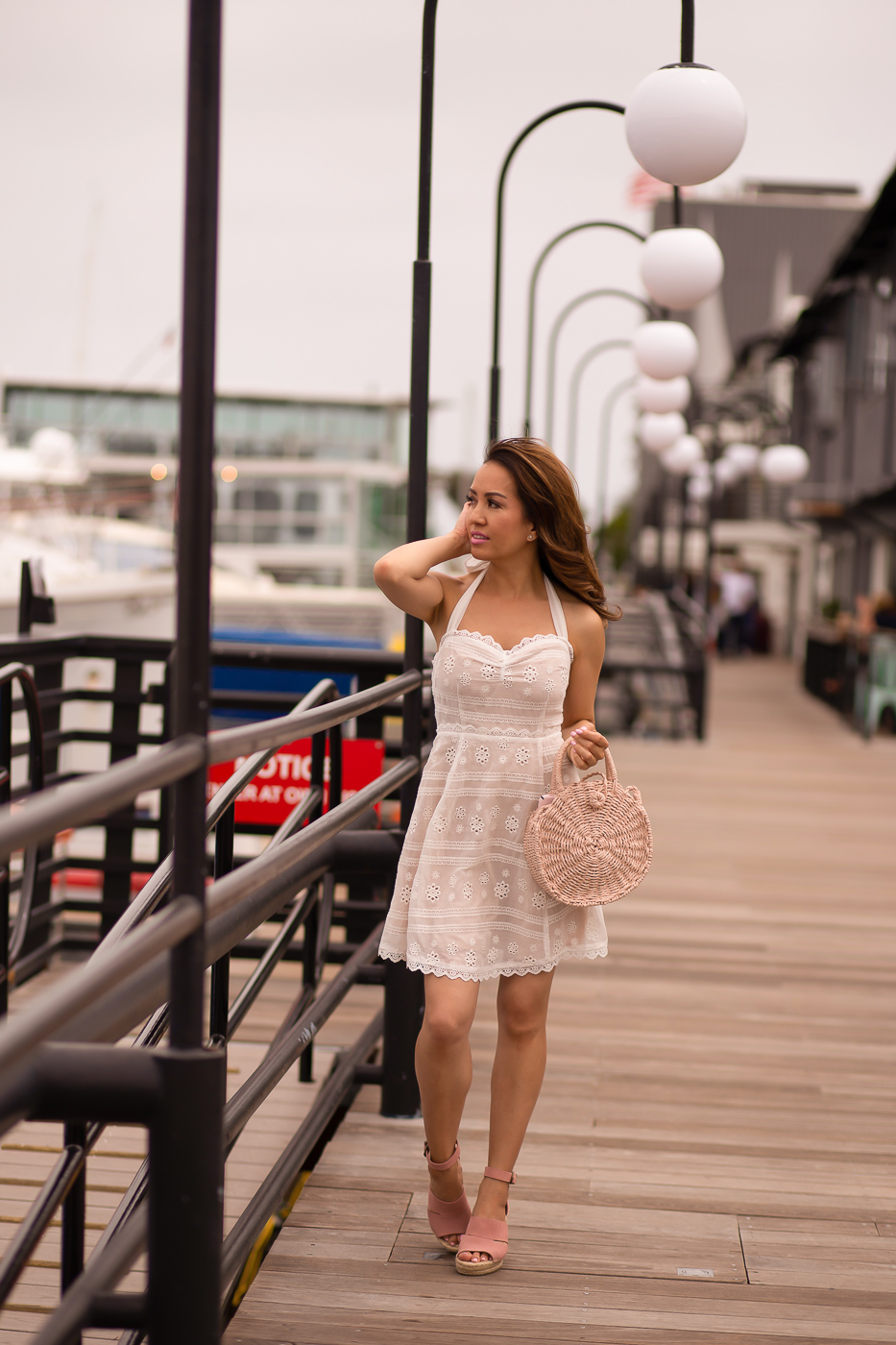summer outfit white crochet halter dress blush espadrilles pink straw bag