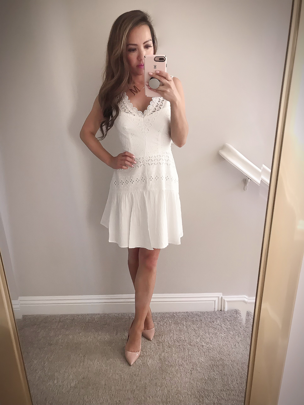 white eyelet dress nude pumps initial necklace