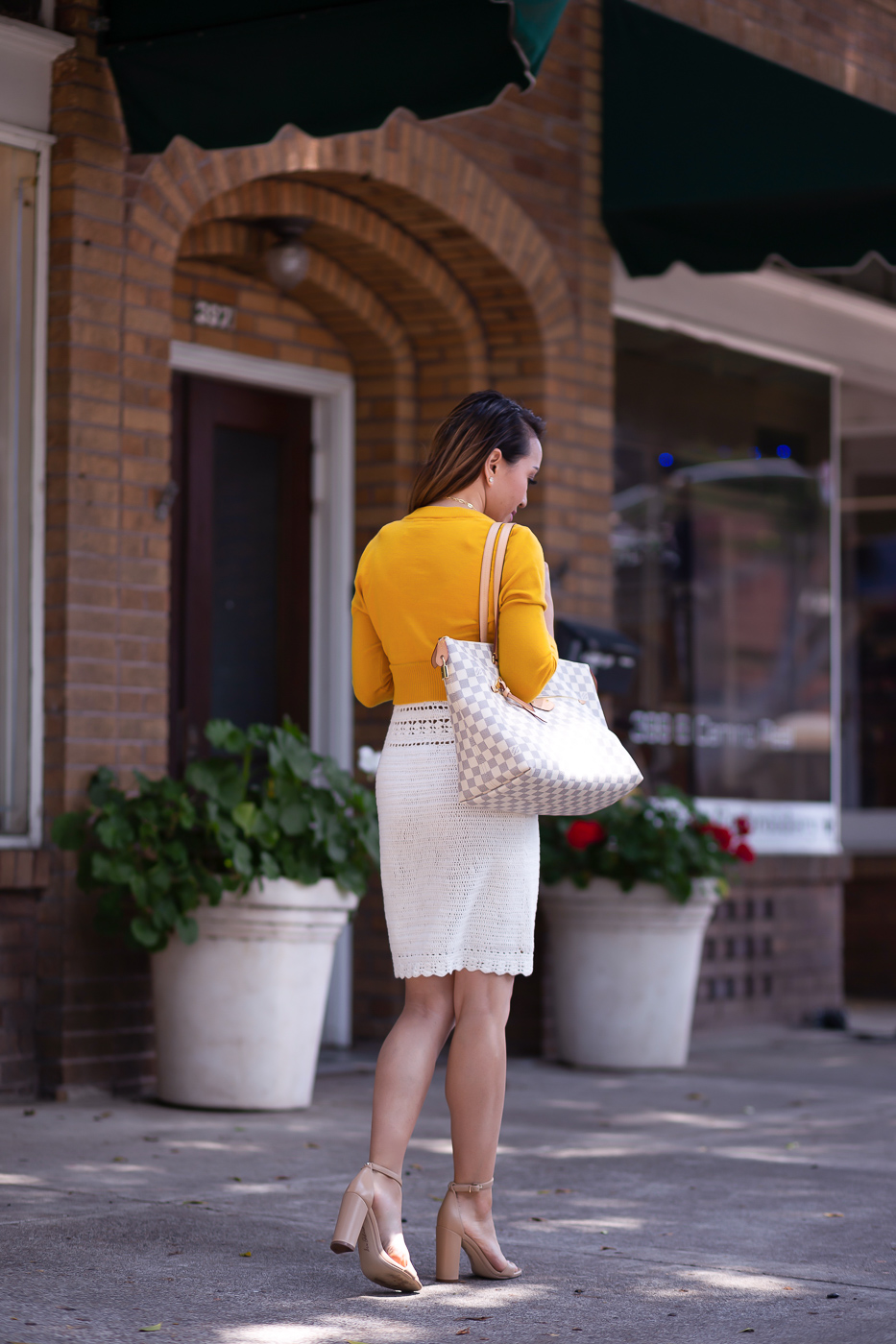 white sweater dress nude strappy sandals mustard cropped cardigan louis vuitton mm 