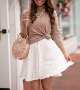 Summer Neutrals: White Crochet Dress + Tan Sweater | Stylish Petite