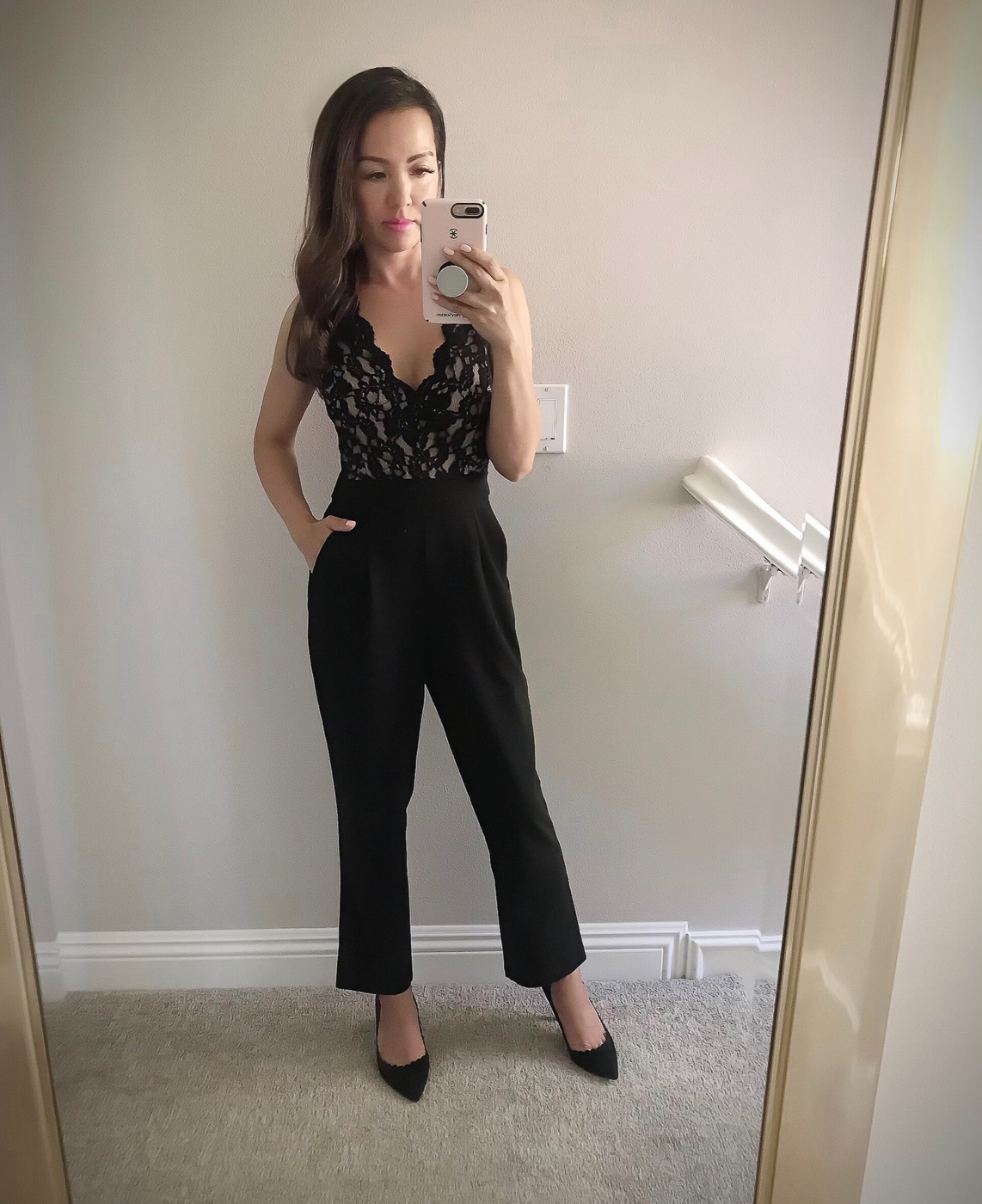 black lace petite jumpsuit date night outfit