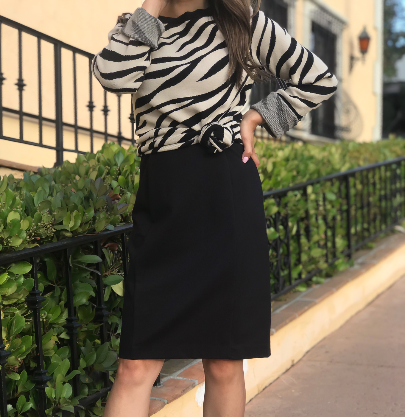 zebra print sweater black sheath dress strappy sandals work outfit