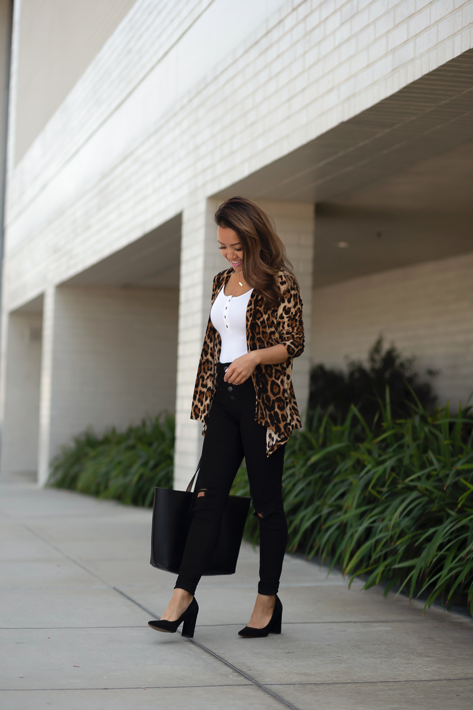 Affordable Fall Outfit: Leopard Cardigan + Distressed Black Jeans ...