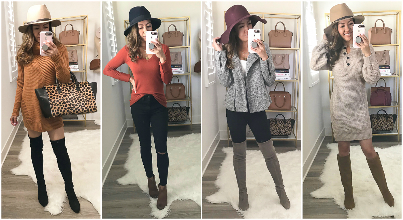 fall outfit ideas over the knee botos sweater dress black denim moto jacket