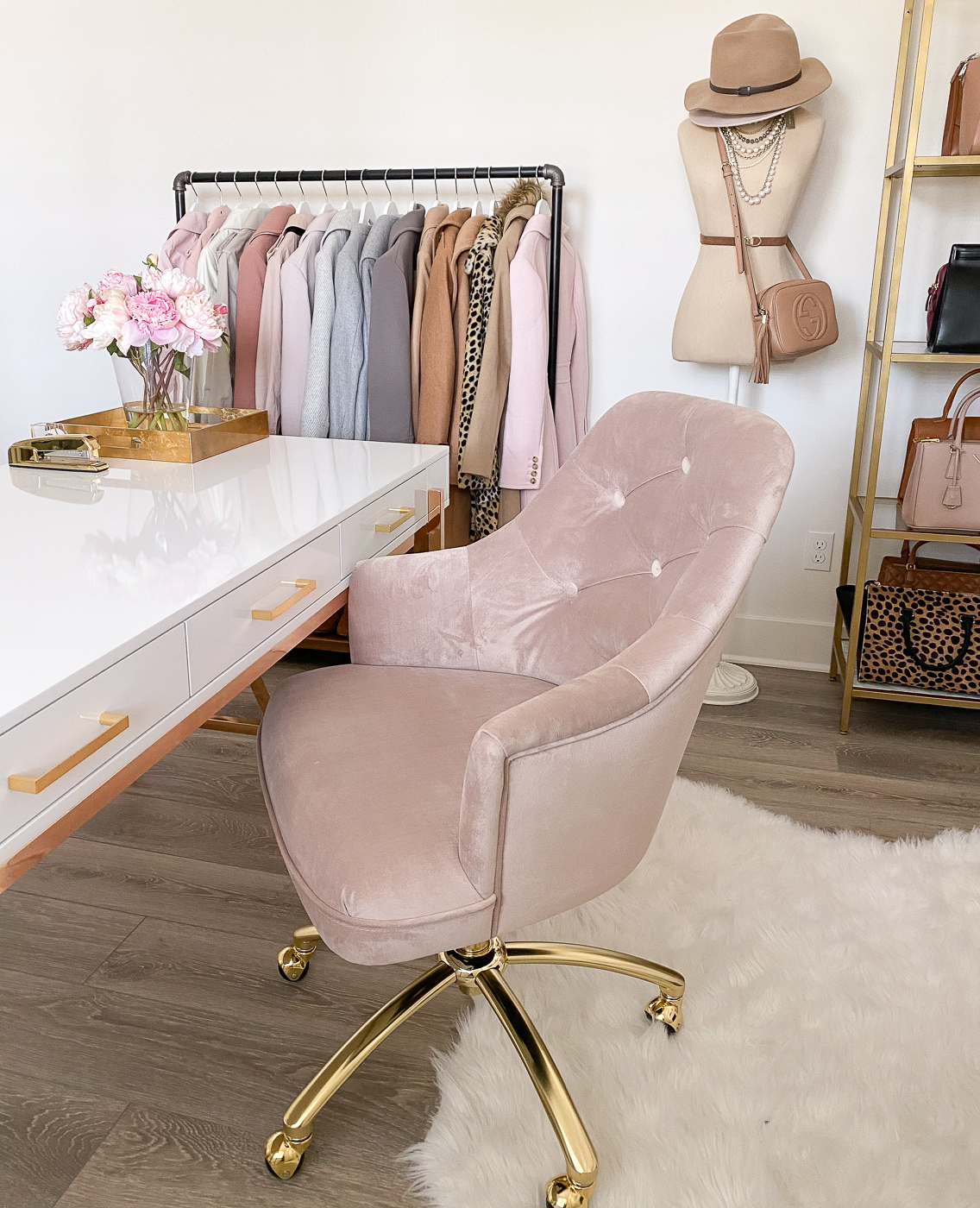 pink white gold desk home office girly feminine wardrobe rack pink tufted office chair