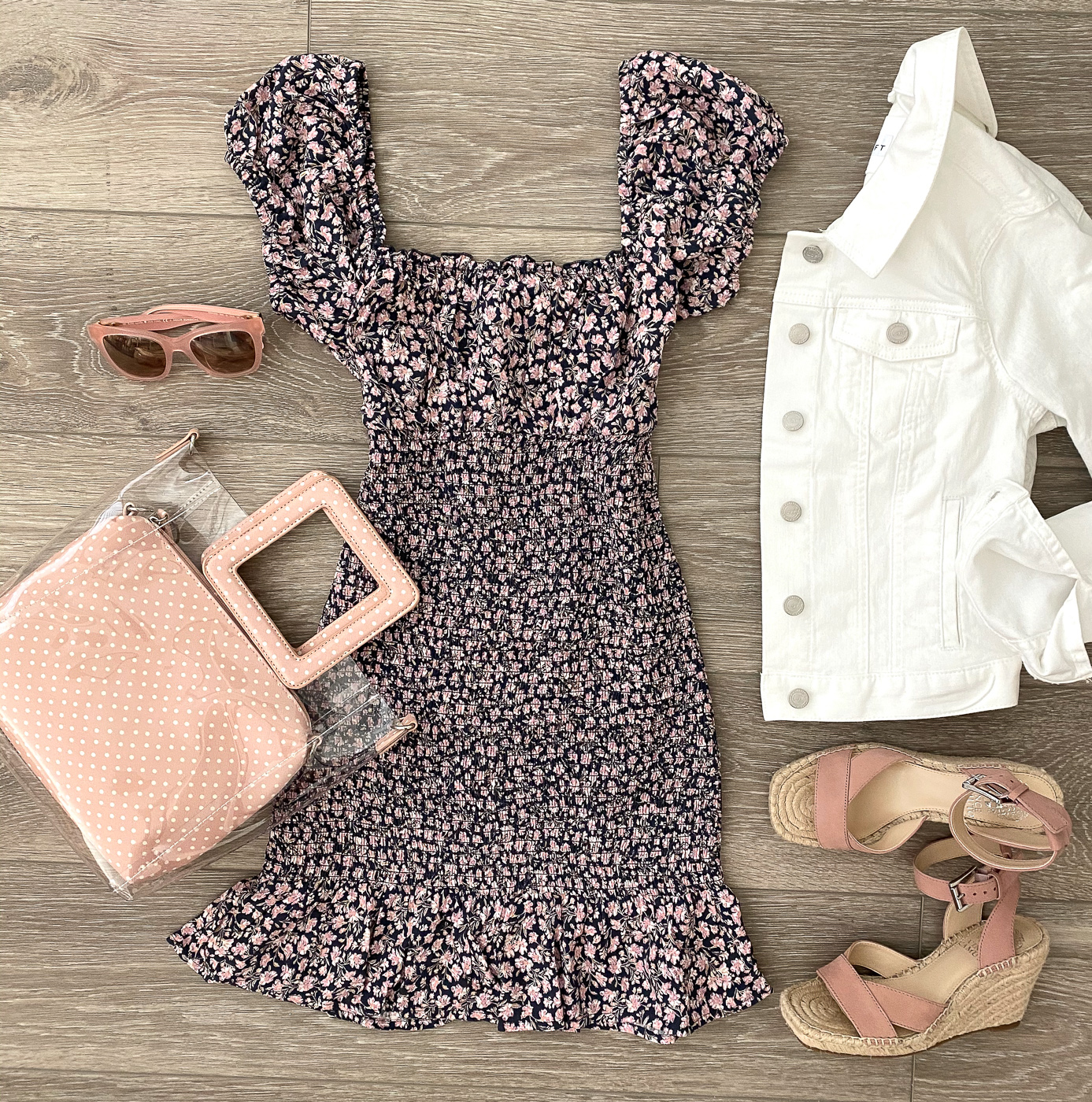 white denim jacket floral dress blush sandals pink sunglasses