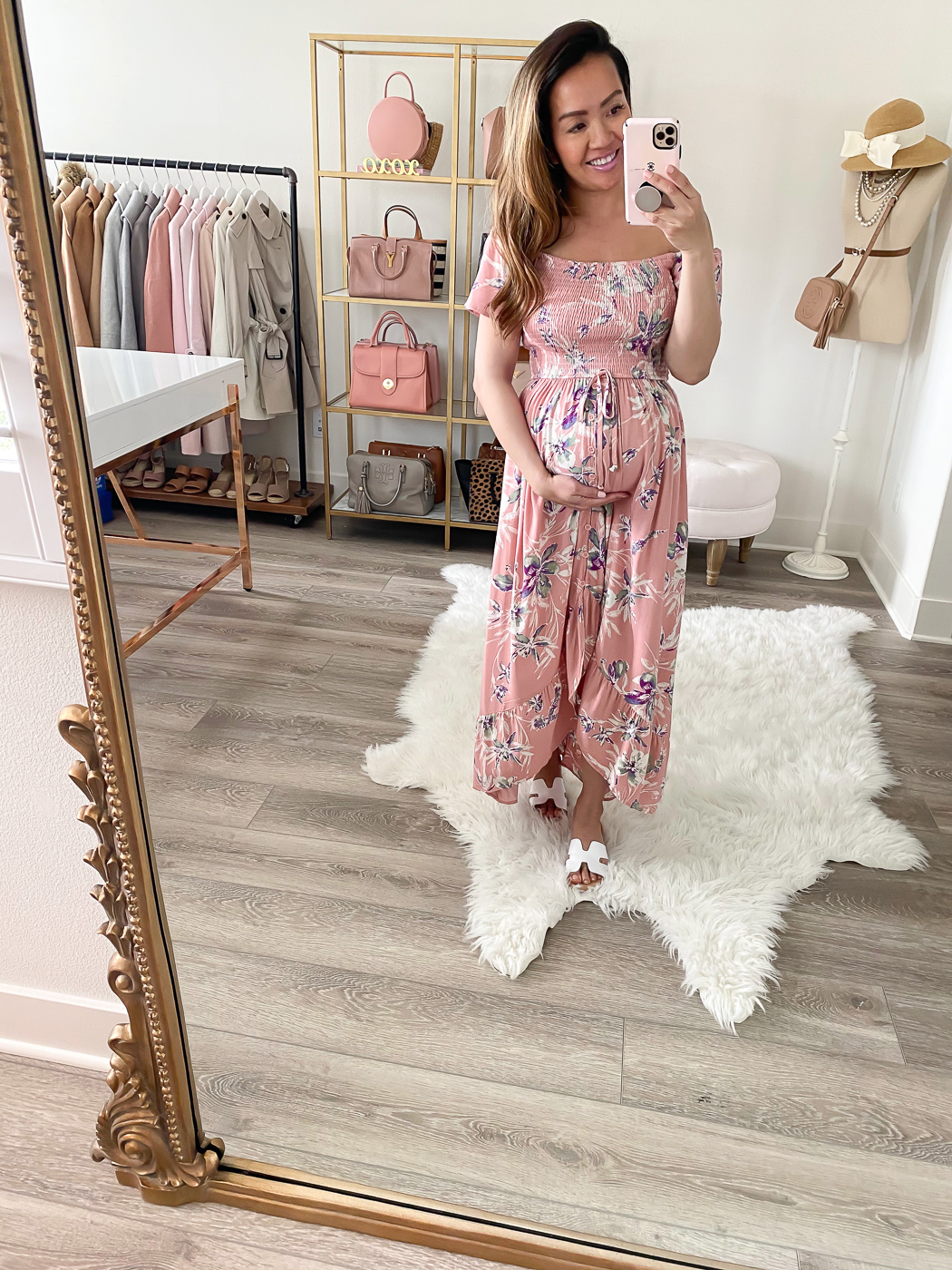 pink floral smocked dress white sandals spring outfit
