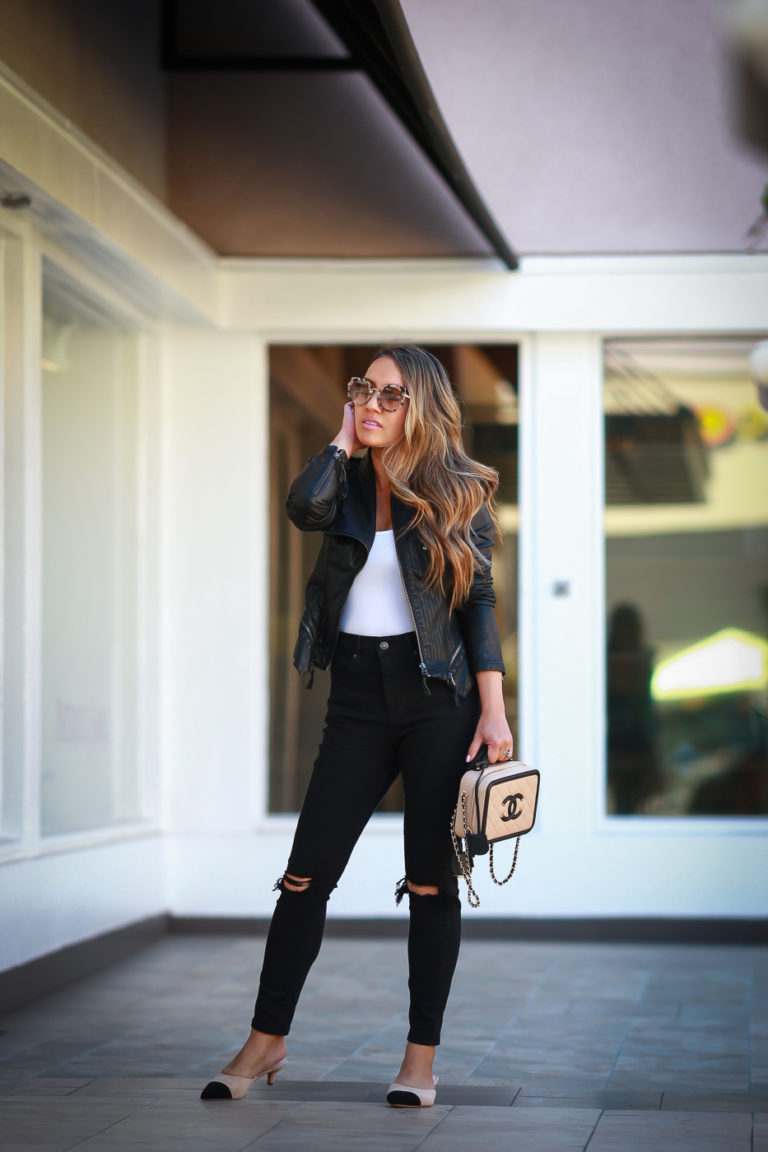 Faux Leather Moto Jacket, Chanel Vanity Bag + Cap Toe Mules - Stylish ...