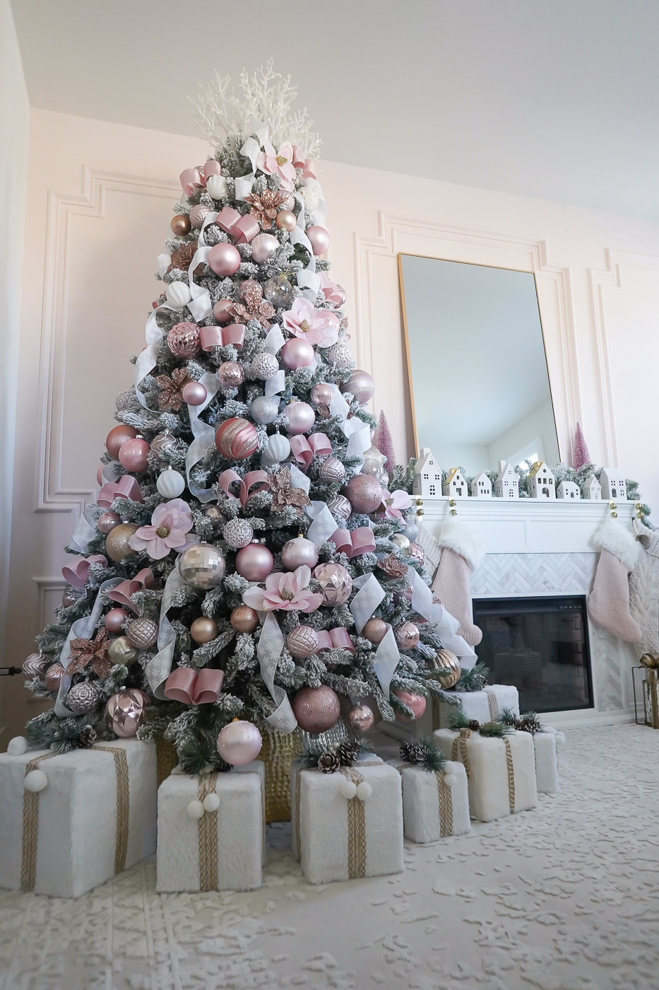 Pink, White and Gold Christmas Tree + Christmas Village - Stylish Petite