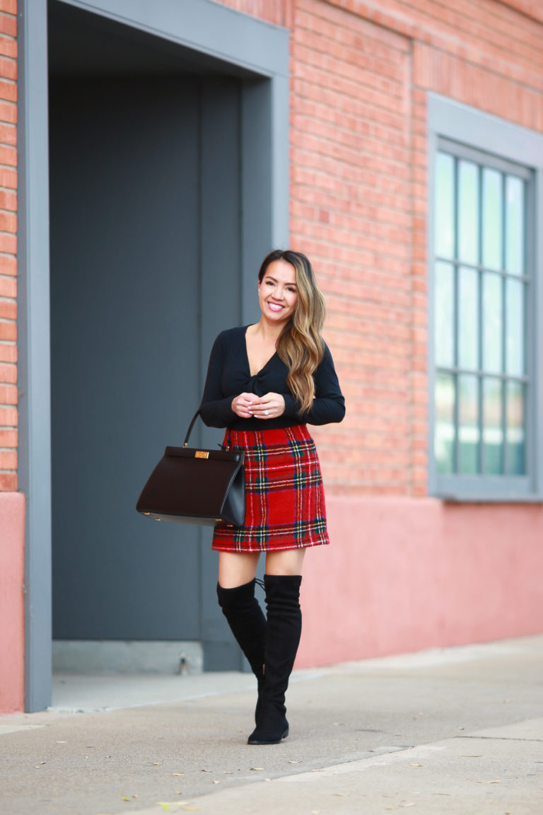 Plaid Skirt + Black OTK Boots - Stylish Petite