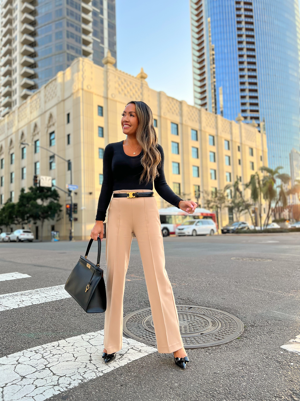 Tan trousers pants - petite workwear ideas