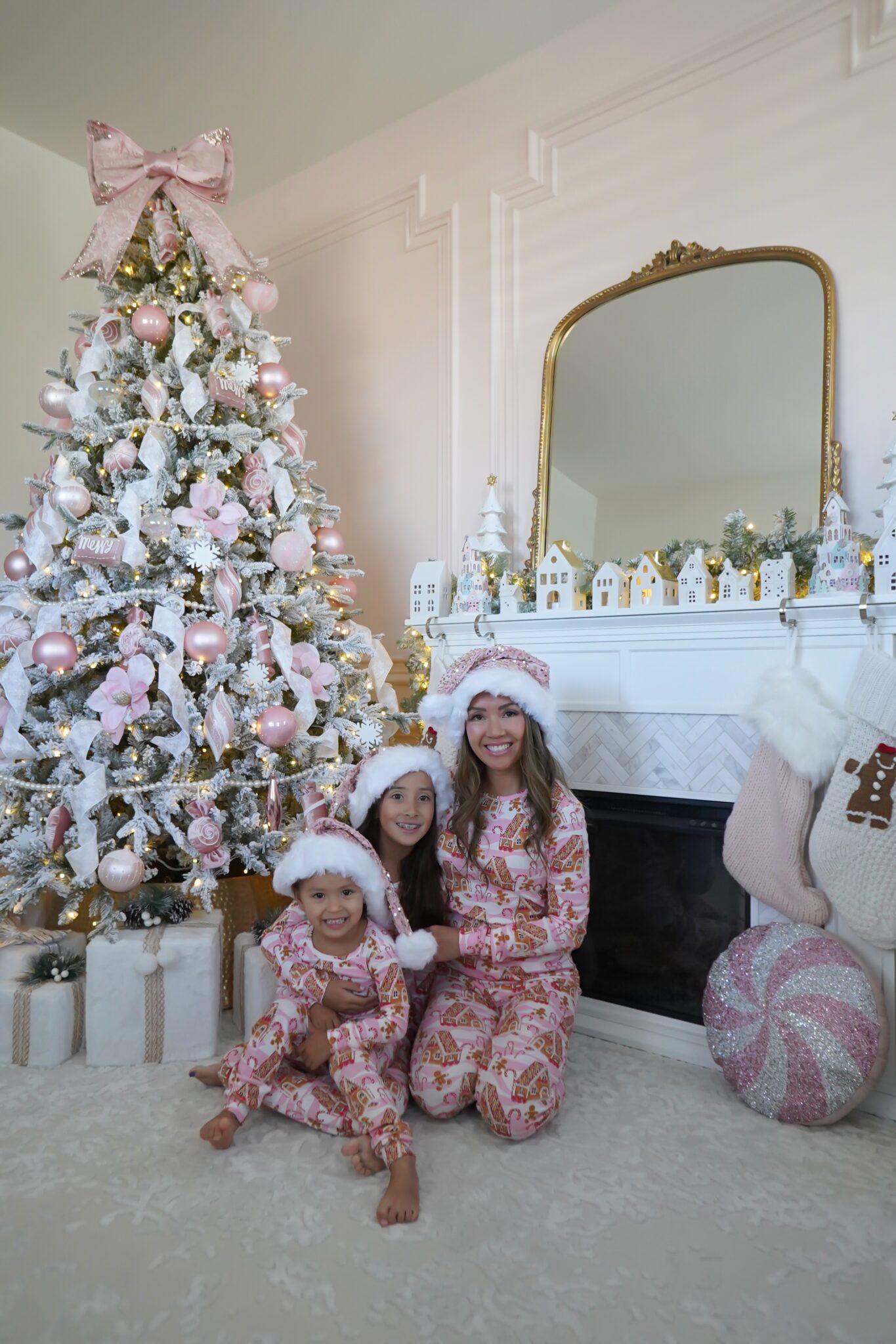 Mommy and Me Gingerbread Pajamas + Matching Pink Sequin Santa Hats Stylish Petite