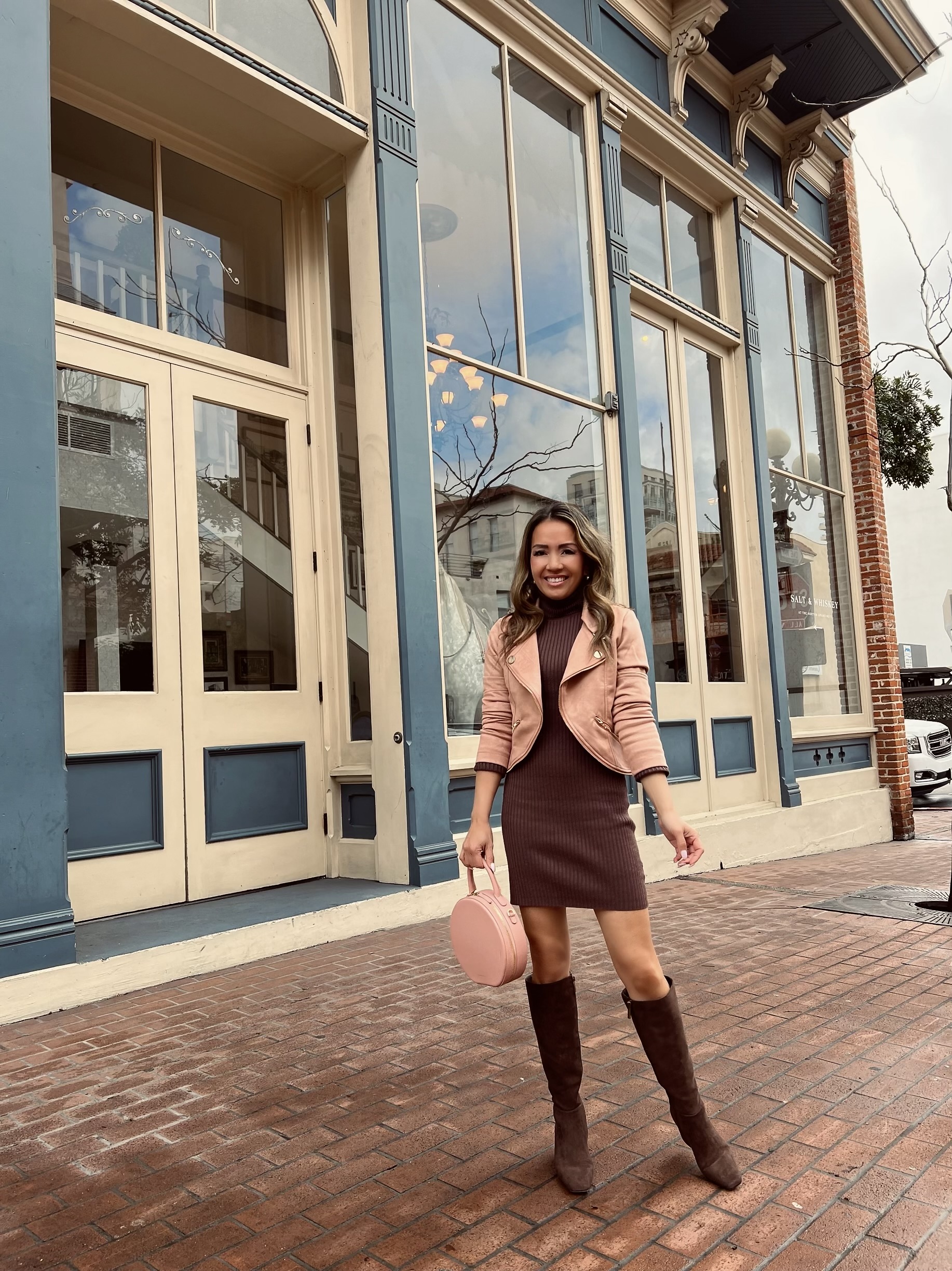 brown sweater dress faux suede cropped jacket chocolate brown boots