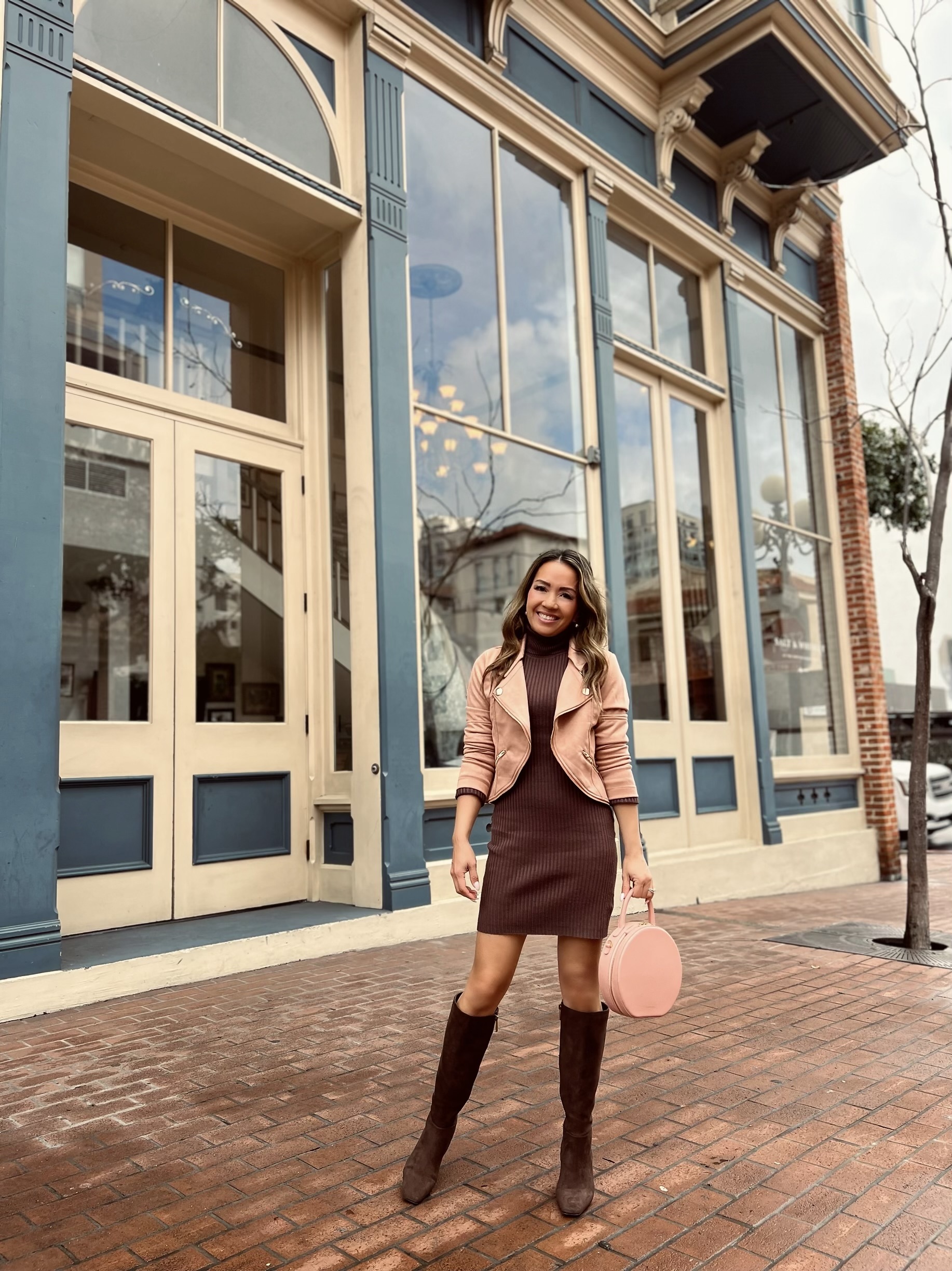 brown sweater dress faux suede cropped jacket chocolate brown boots
